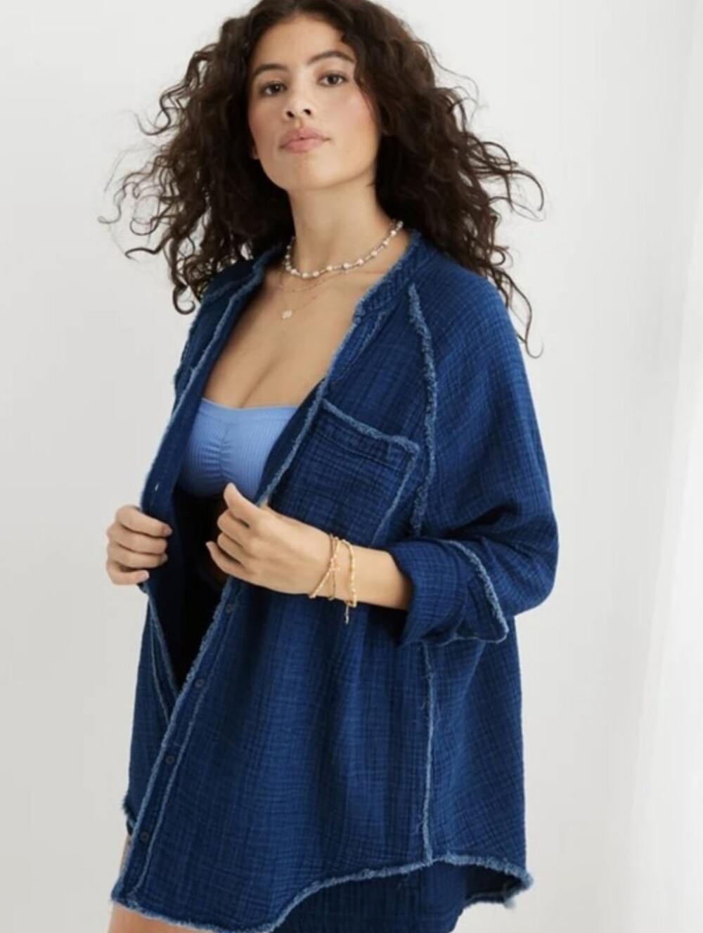 Aerie Gauzy Coverup Shirt Indigo Blue Raw Edge Frayed Loungewear Oversized Sz M